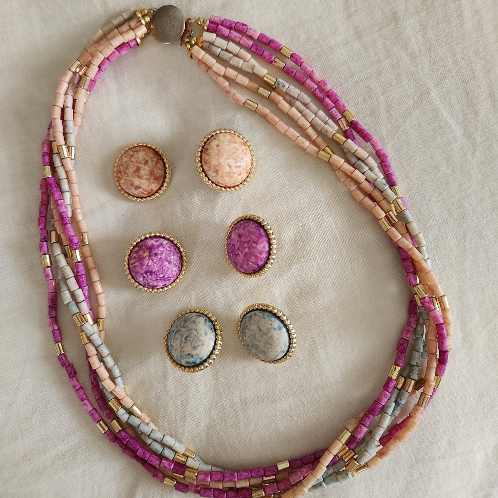 Vintage multi-strand necklace w/ 3pr earrings.